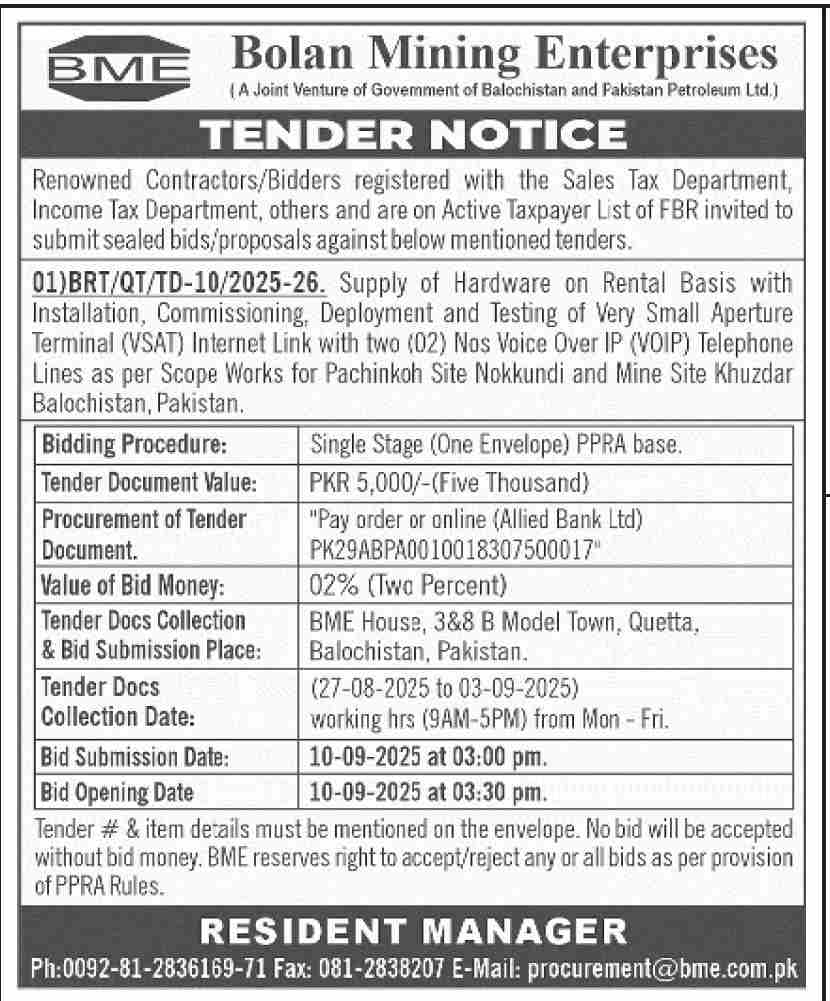 Bolan Mining Enterprises Tender Notice
